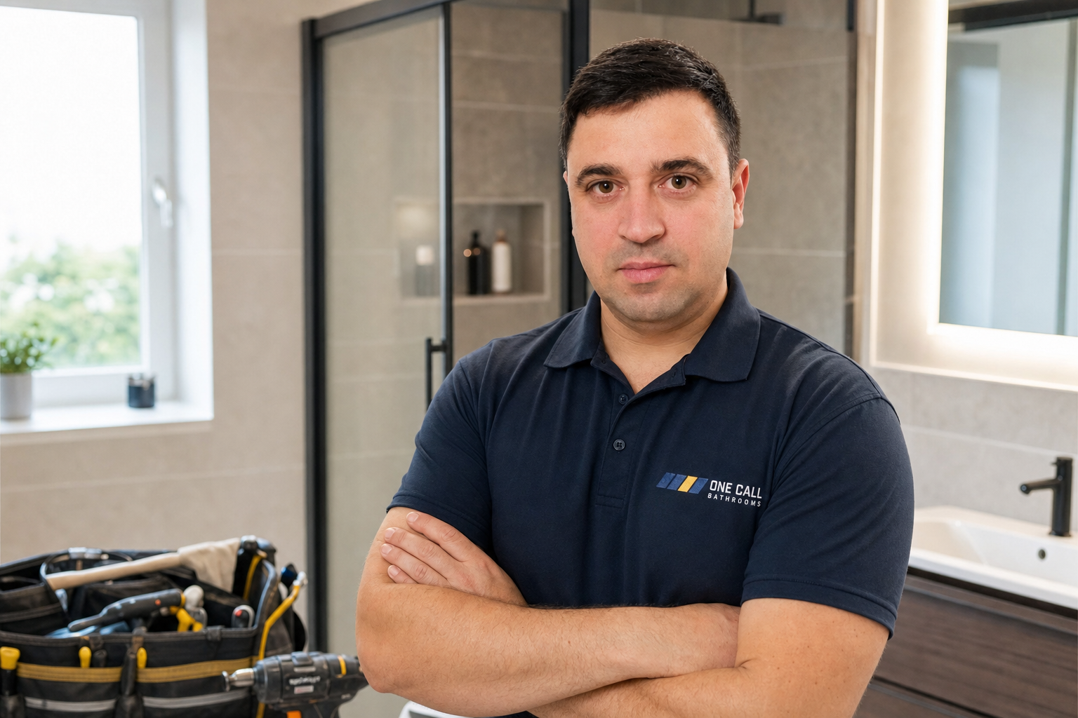 Adrian, owner of One Call Bathrooms, wearing a branded navy work polo in a completed bathroom.