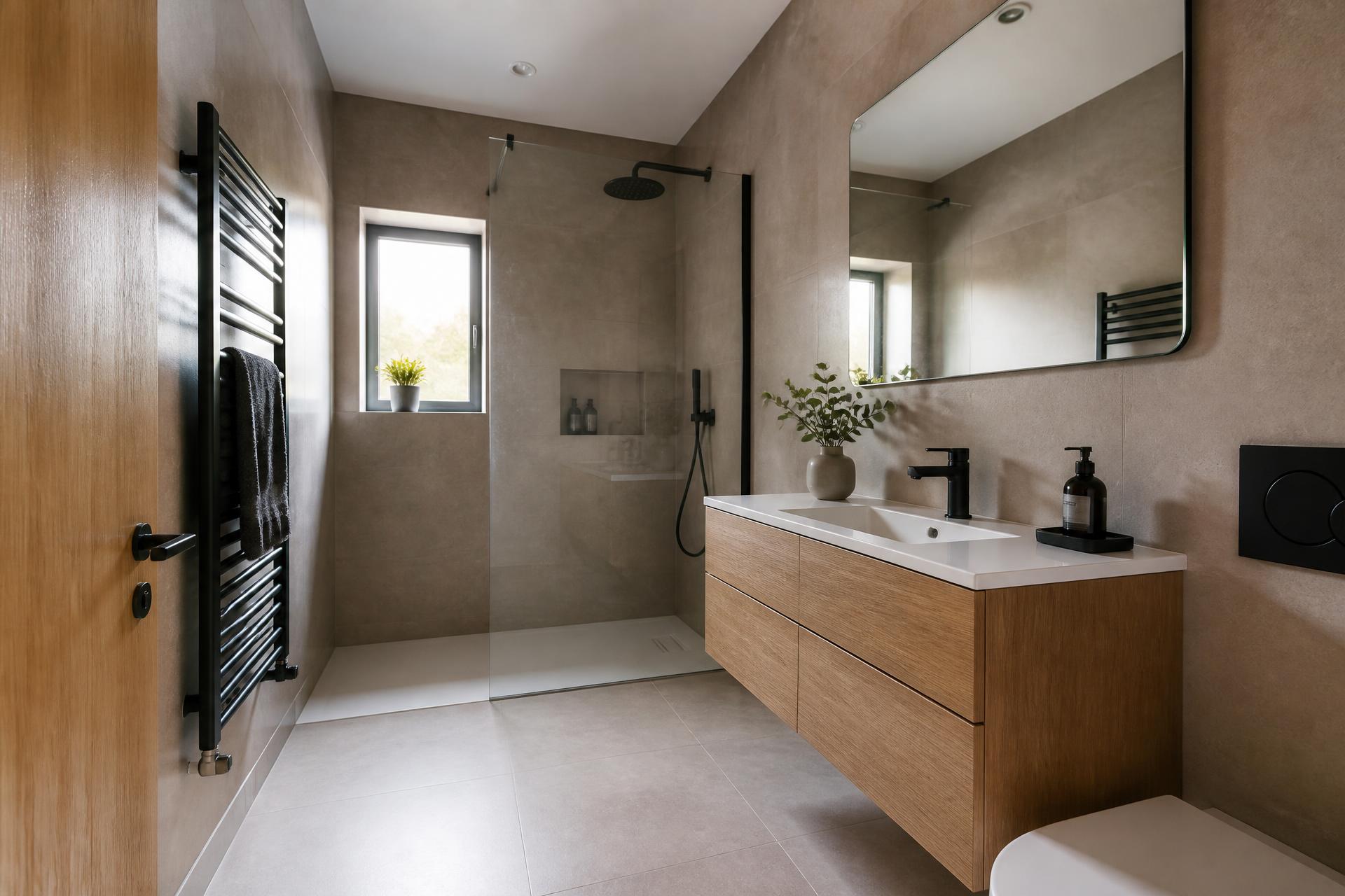 Finished contemporary bathroom renovation with walk-in shower and floating vanity