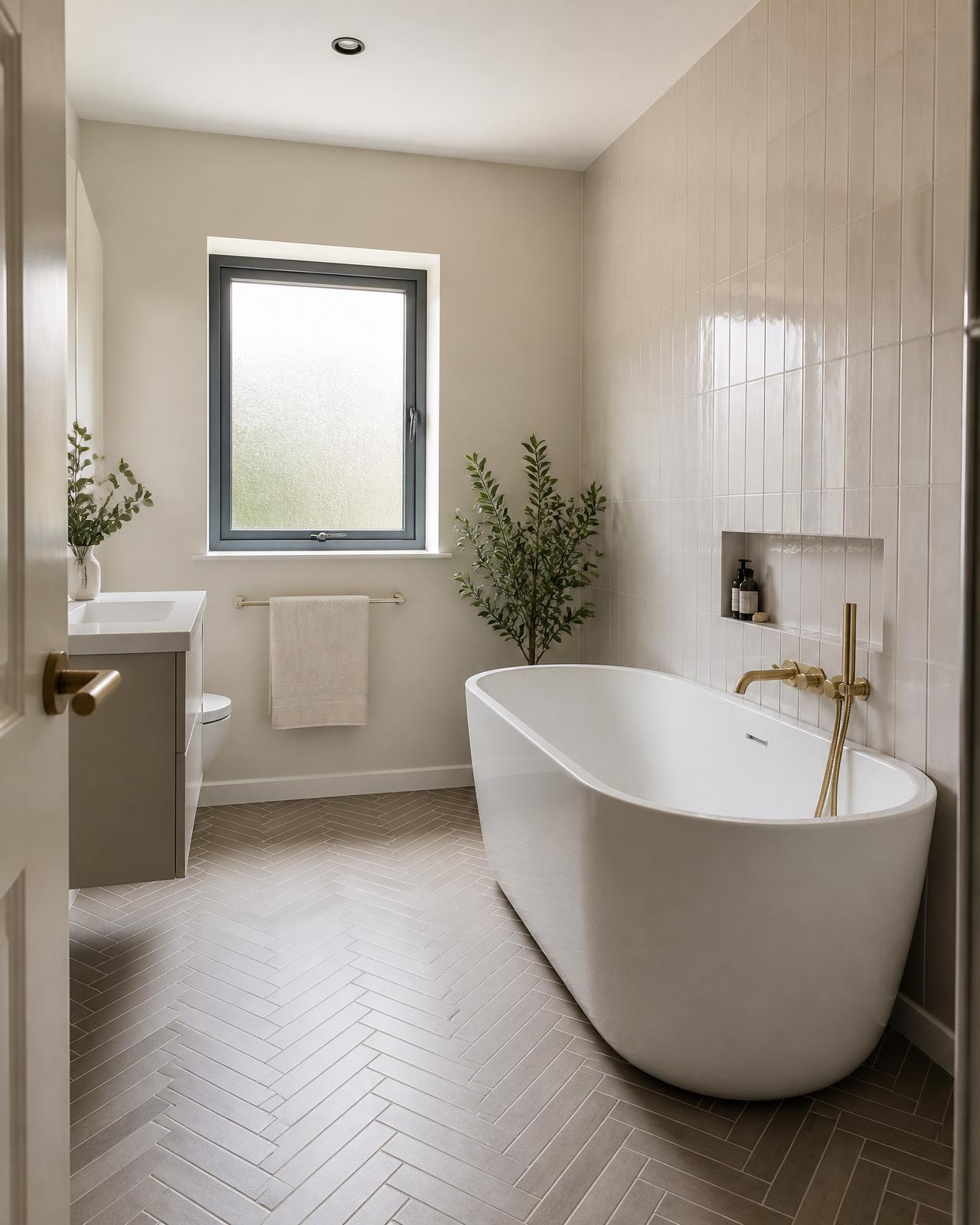Renovated bathroom with freestanding bath and herringbone floor tiling