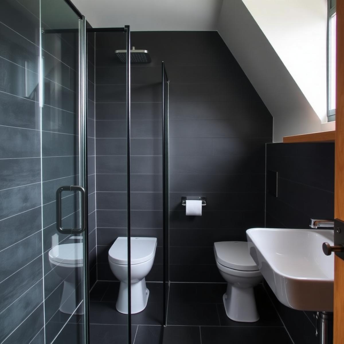 Dark tiled bathroom renovation with walk-in shower and wall-hung sanitaryware