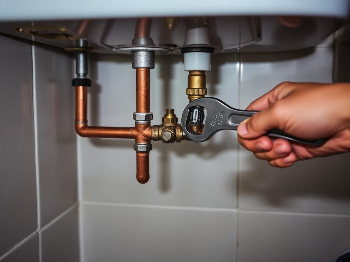 Copper pipework and isolation valve being repaired with a spanner