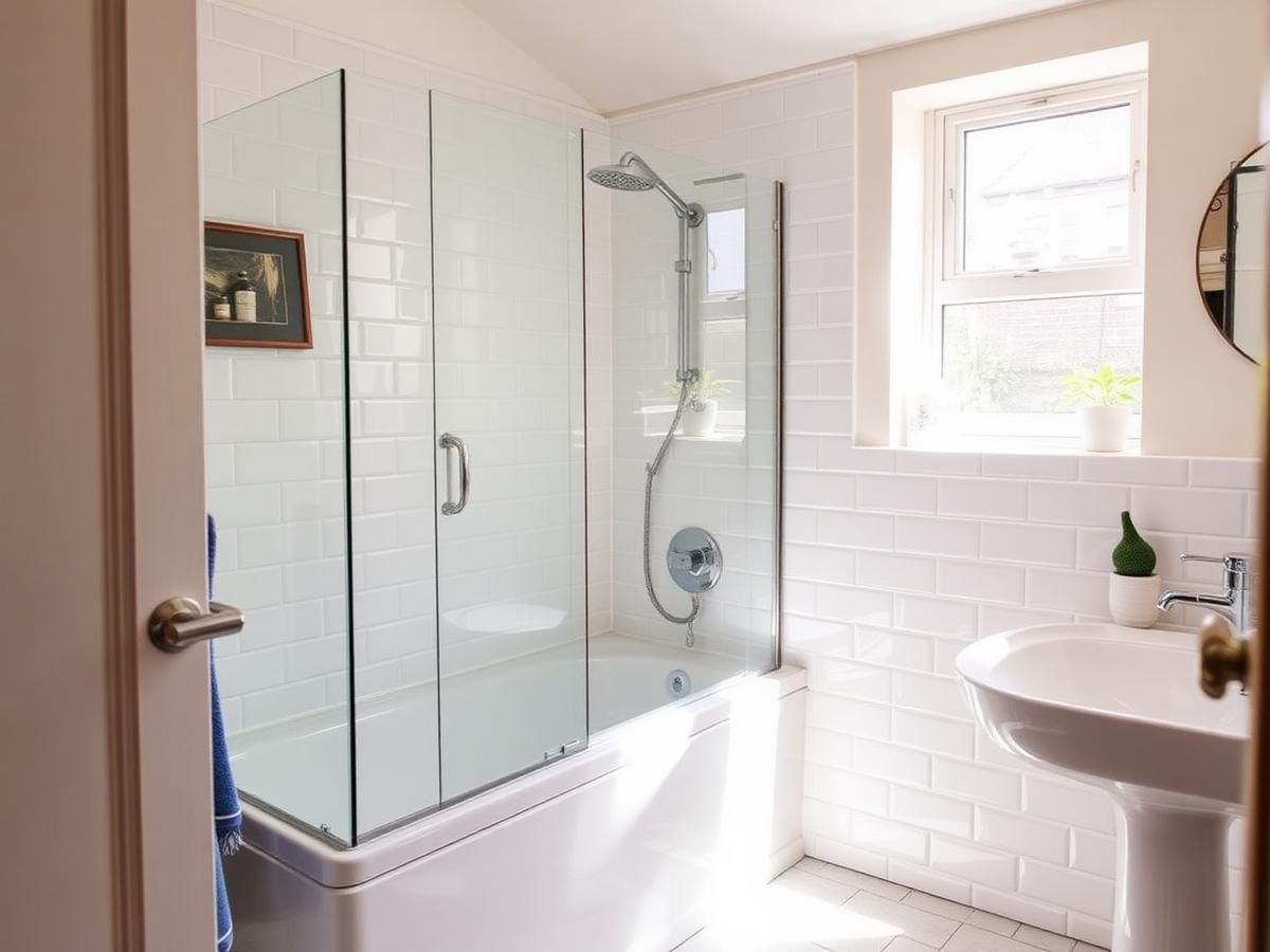 Family bathroom with bath, shower screen and white metro tiling