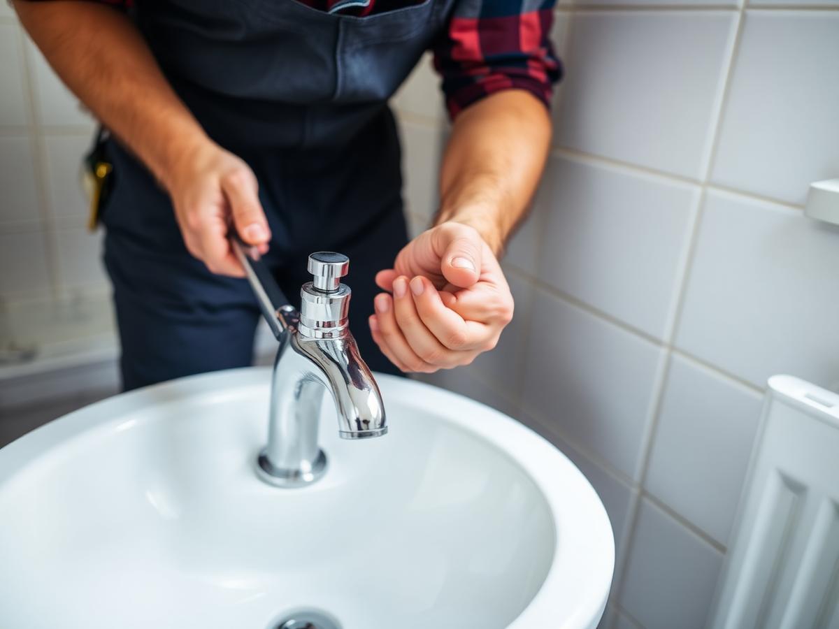 Plumber replacing a basin tap in a home bathroom
