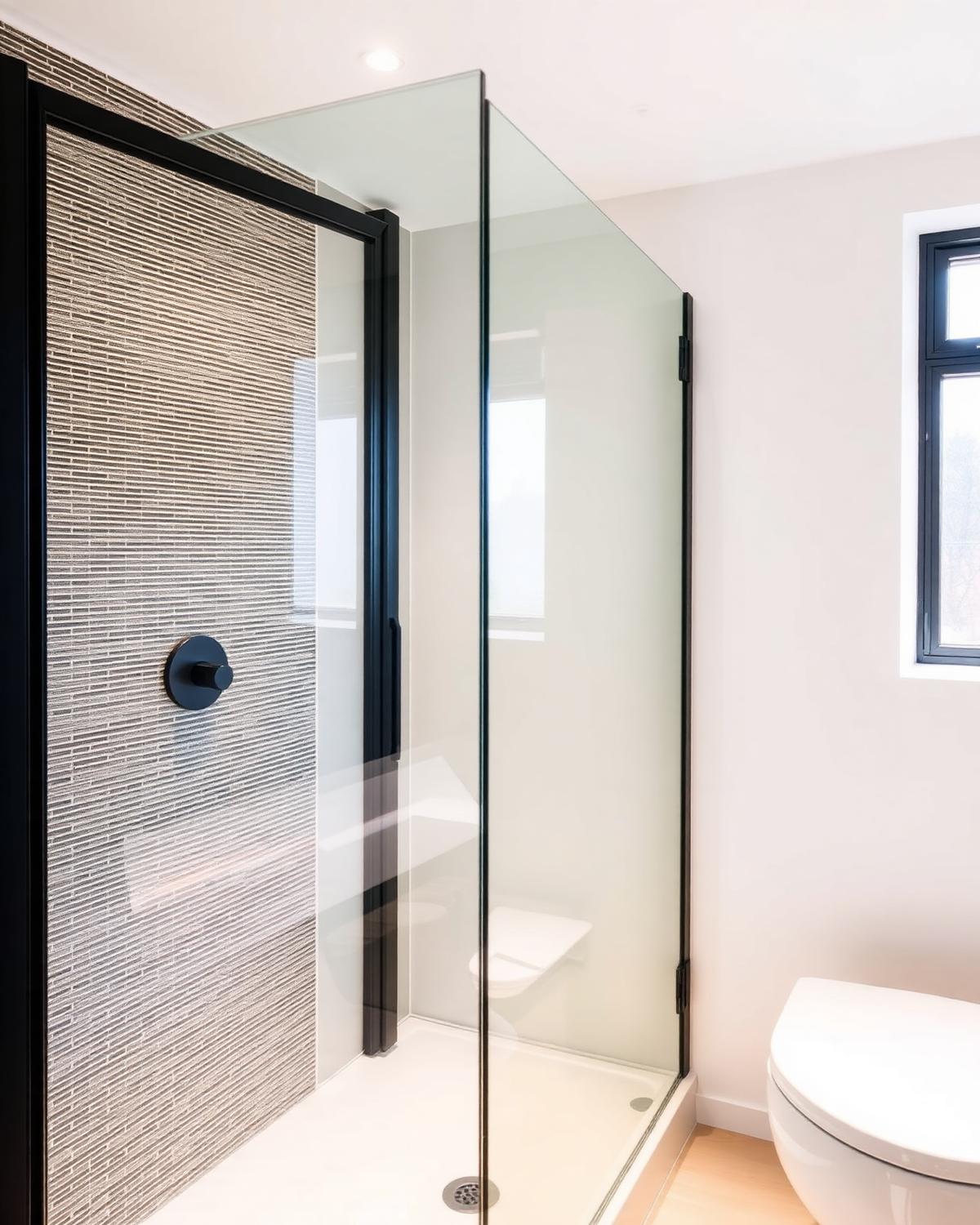 Walk-in shower installation with glass screen and feature tiling